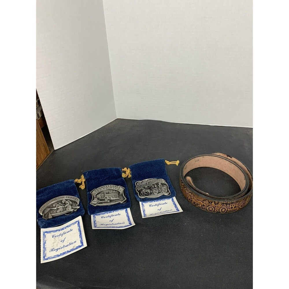Vintage Tooled Brown Leather Belt 1880 - 1980 Firefighters- With 3 Belt Buckles